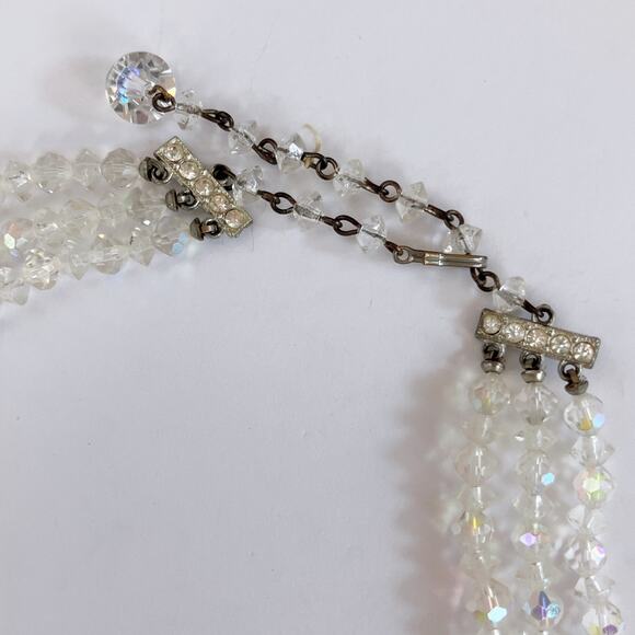 VTG Mid Century AB Crystal Triple Strand Necklace Aurora Borealis 1950s Bridal - Picture 10 of 12